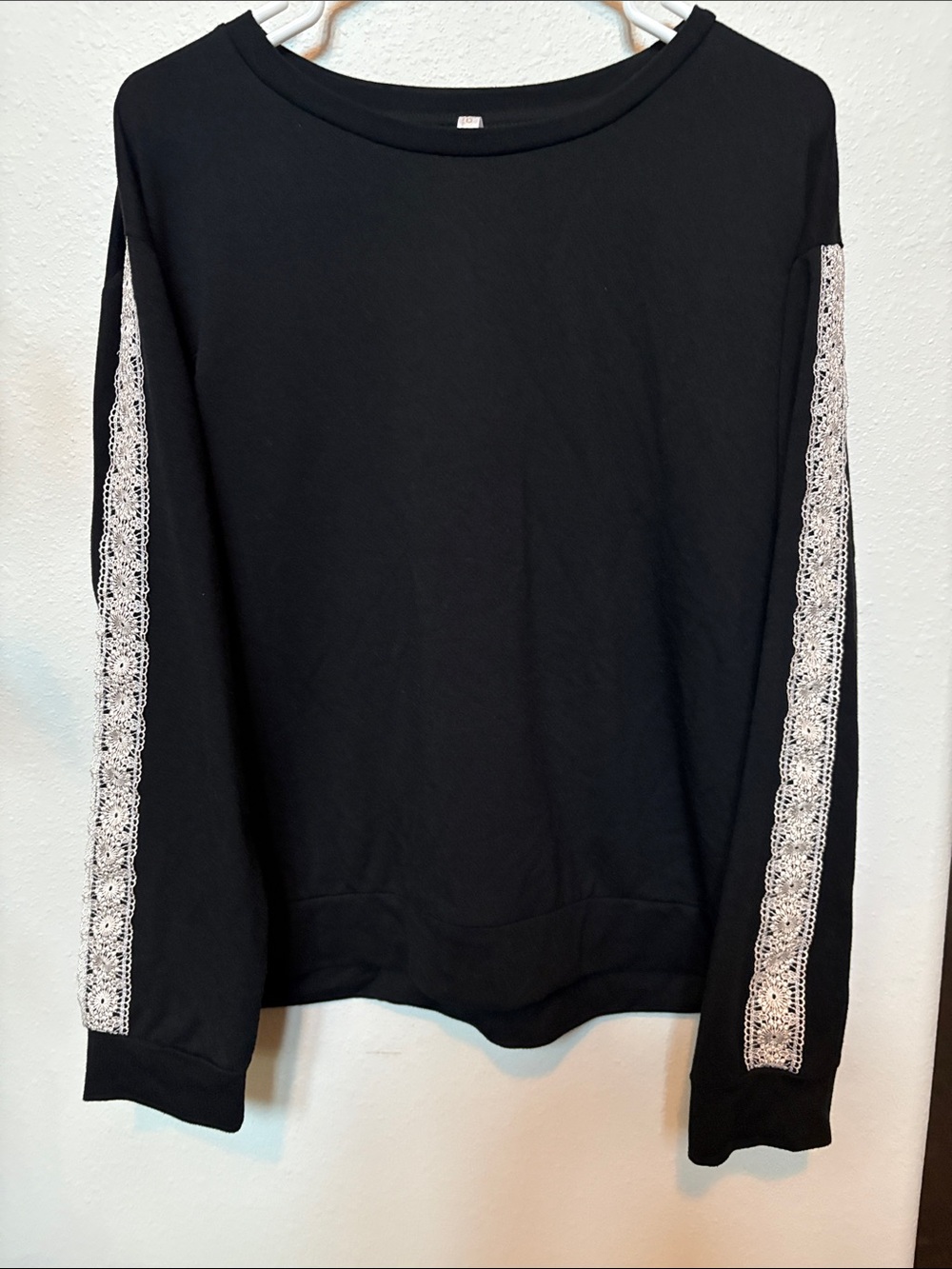 Flora Nikrooz Black Crewneck Sweater with White Lace Sleeve Trim